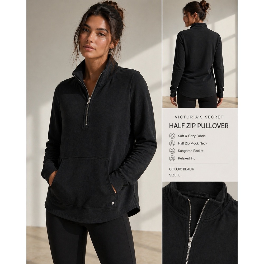 Victoria's Secret Black Half Zip Pullover Size L‎ Kangaroo Pocket Athleisure
